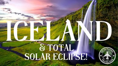 Scenic Iceland waterfall with text about a total solar eclipse event.