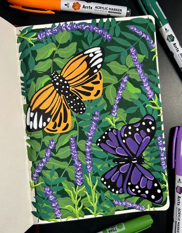 Two colorful butterflies on a leafy background with purple flowers.