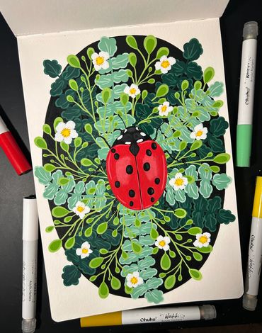 Illustration of a ladybug on green and white flowers.