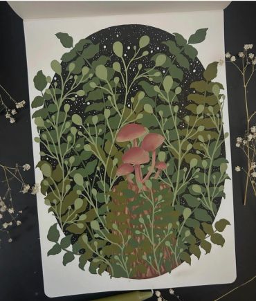 A botanical illustration with mushrooms and leafy plants.