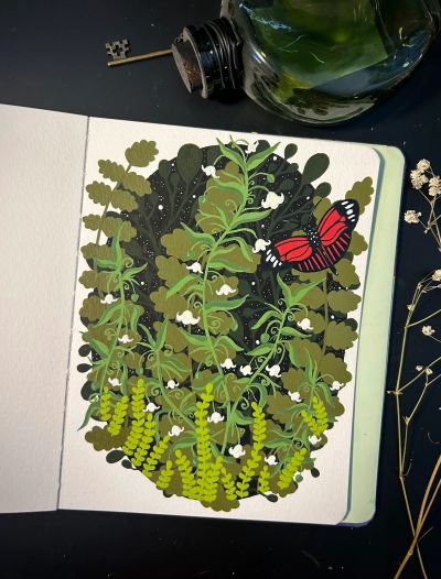 Illustration of green plants with a red butterfly.