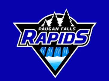 Logo of Paucan Falls Rapids with trees and water rapids.