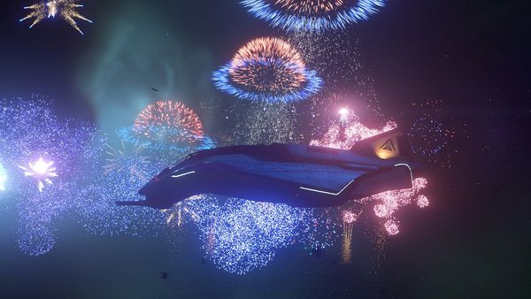 An Aegis Avenger Titan pauses before some fireworks in Star Citizen.