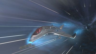 An Aegis Avenger Titan flies through space in teh game Star Citizen.