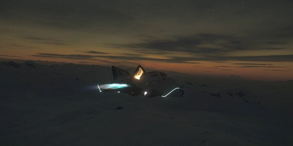 An Avenger Titan spaceship from Star Citizen flies towards the sunset on the frozen planet MicroTech