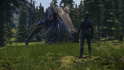 A player stands before a Gatac Syulen landed on microTech in the game Star Citizen.