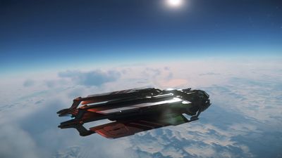 An RSI Aurora MR skims the top of the atmosphere above microTech in the game Star Citizen.