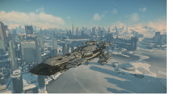 A luxurious RSI Constellation Phoenix hovers over the New Babbage skyline in Star Citizen.