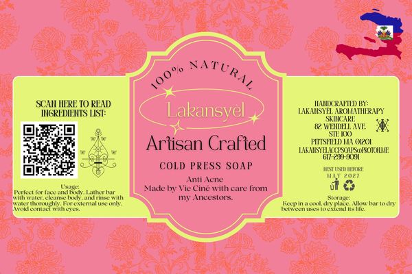 Label for Lakansyel Artisan Crafted Cold Press Soap, 100% natural, anti-acne.