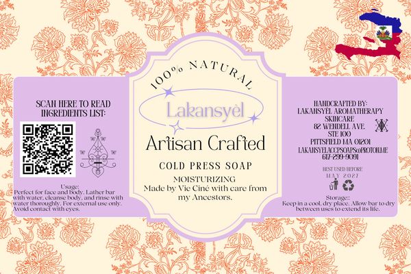Label for Lakansyèl Artisan Crafted cold press moisturizing soap with natural ingredients.