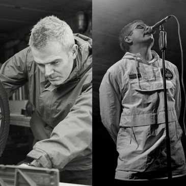 Man fixing bicycle and man singing into microphone in black and white.