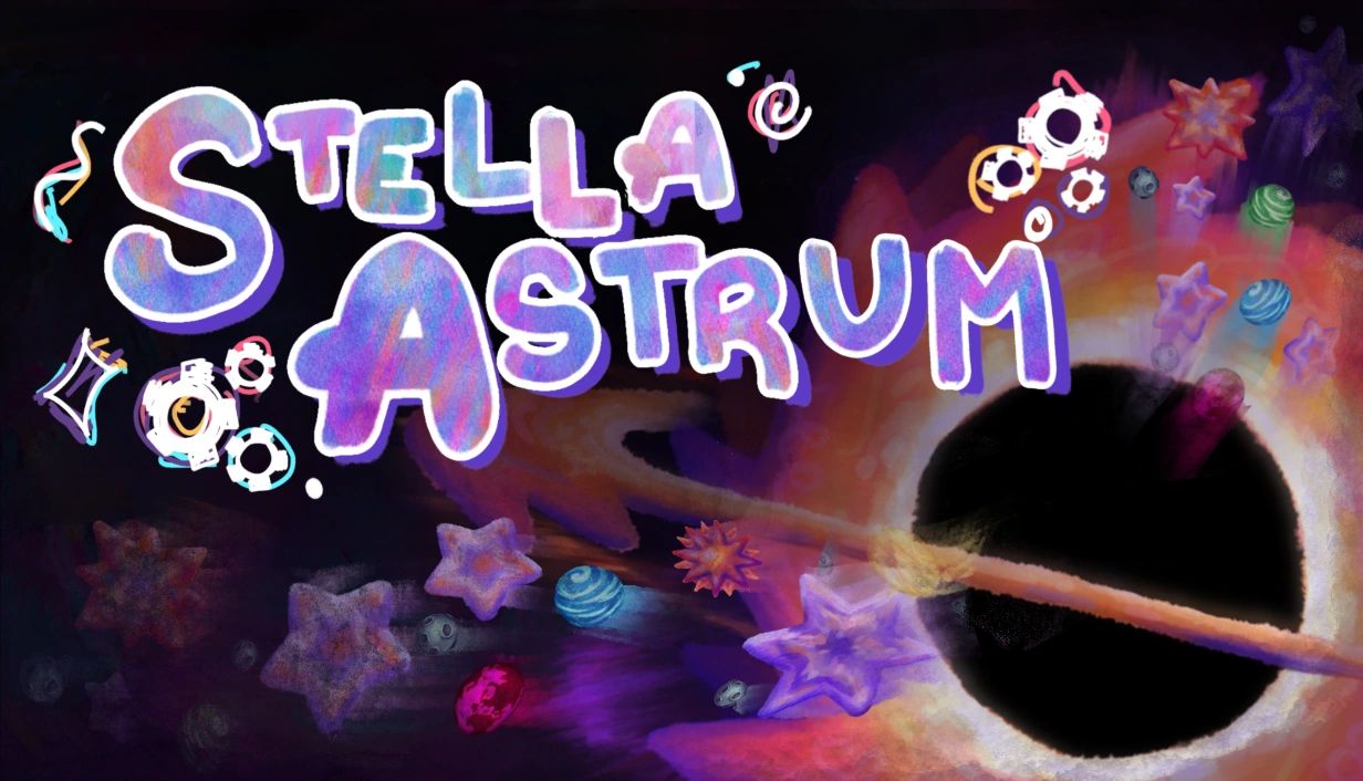 Colorful text 'Stella Astrum' with space-themed elements.