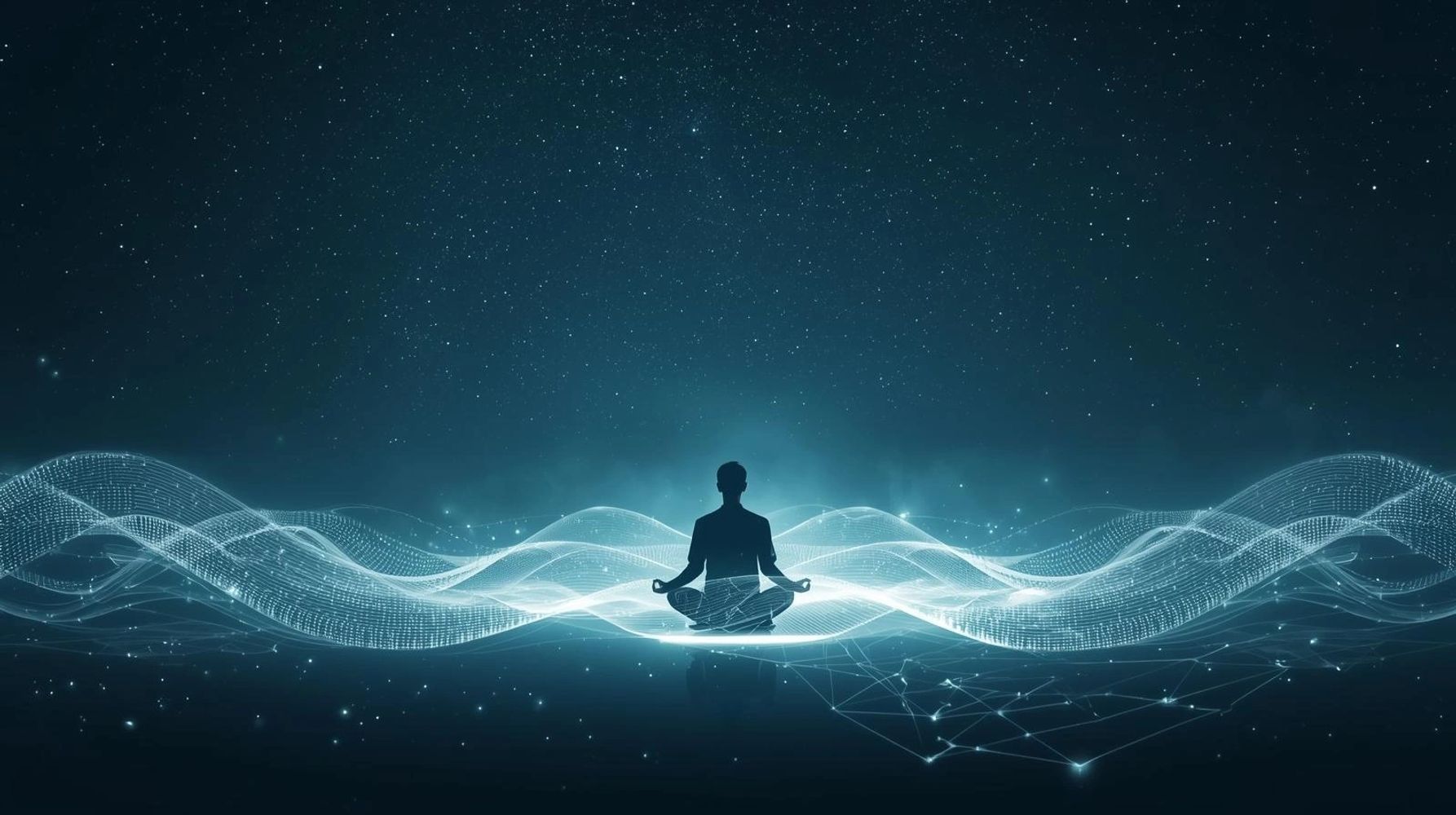 Silhouette meditating amidst glowing waves of digital energy under a starry sky.