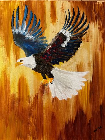 Painting of a bald eagle in flight against a warm, textured background.