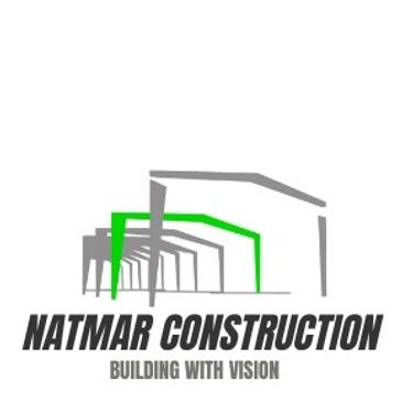 Logo of Natmar Construction with building frames and tagline.
