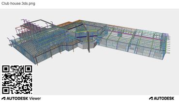 3D structural model of a steel framework for a clubhouse building.
