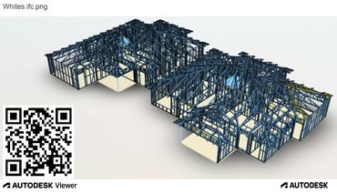 3D model of a house framing structure with QR code for Autodesk Viewer.