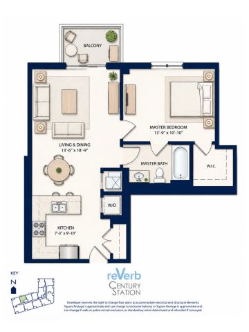 1-bedroom apartment floor plan with balcony and walk-in closet.