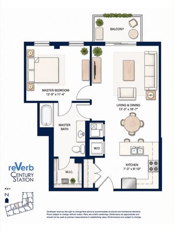 One-bedroom apartment floor plan with balcony and open living.