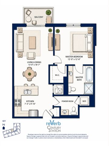 Floor plan of a one-bedroom apartment with balcony.