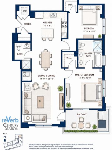 Two-bedroom apartment layout with balcony and open living area.