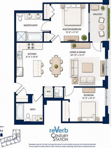 Two-bedroom apartment floor plan with balcony and two bathrooms.