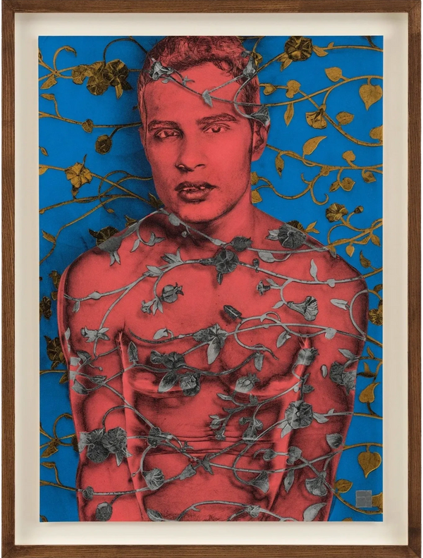 Portrait of a red-toned man entwined with detailed vine illustrations on a bright blue background.