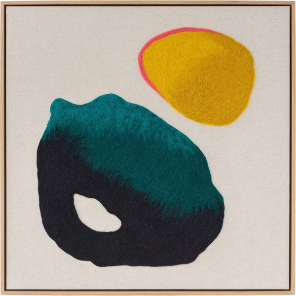 Abstract artwork with textured teal, black, yellow, and pink shapes on a beige background.