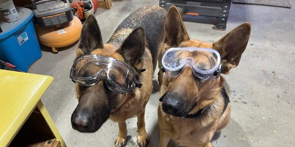 Finn and Sophie in the wood working shop getting ready to build tables