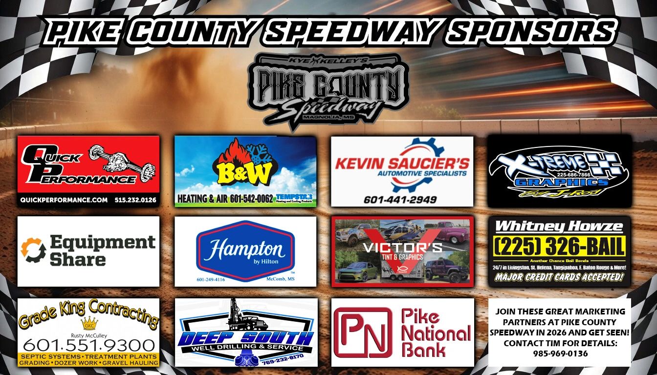 Pike County Speedway sponsors including automotive, banks, and service companies.