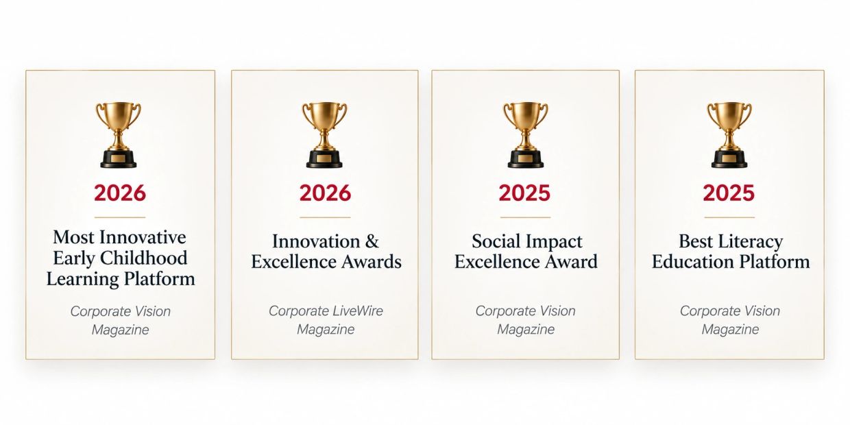 Four award plaques with trophies for innovation and excellence in education.