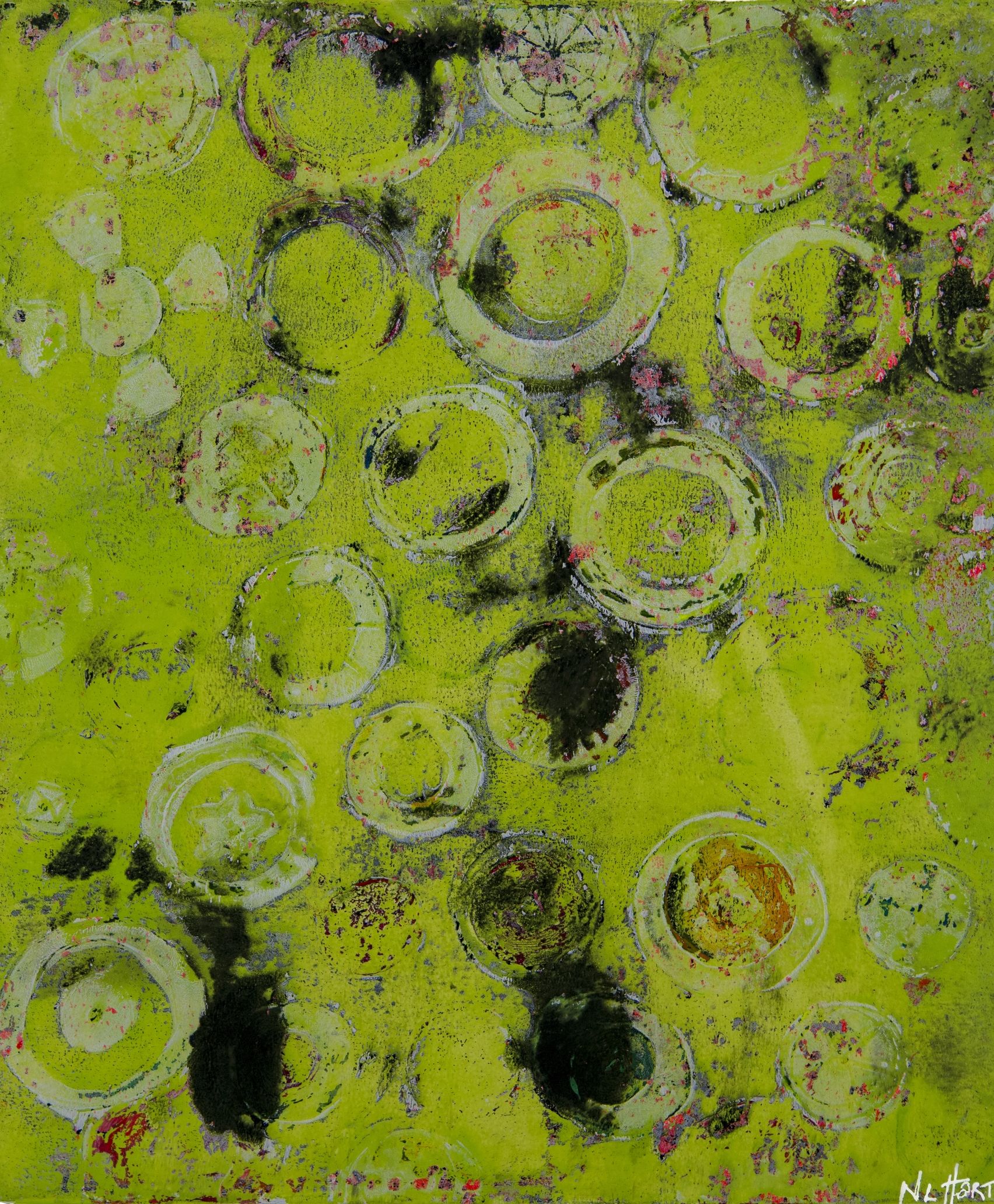 monotype on gelatin printing plate lime green with multi colored circles