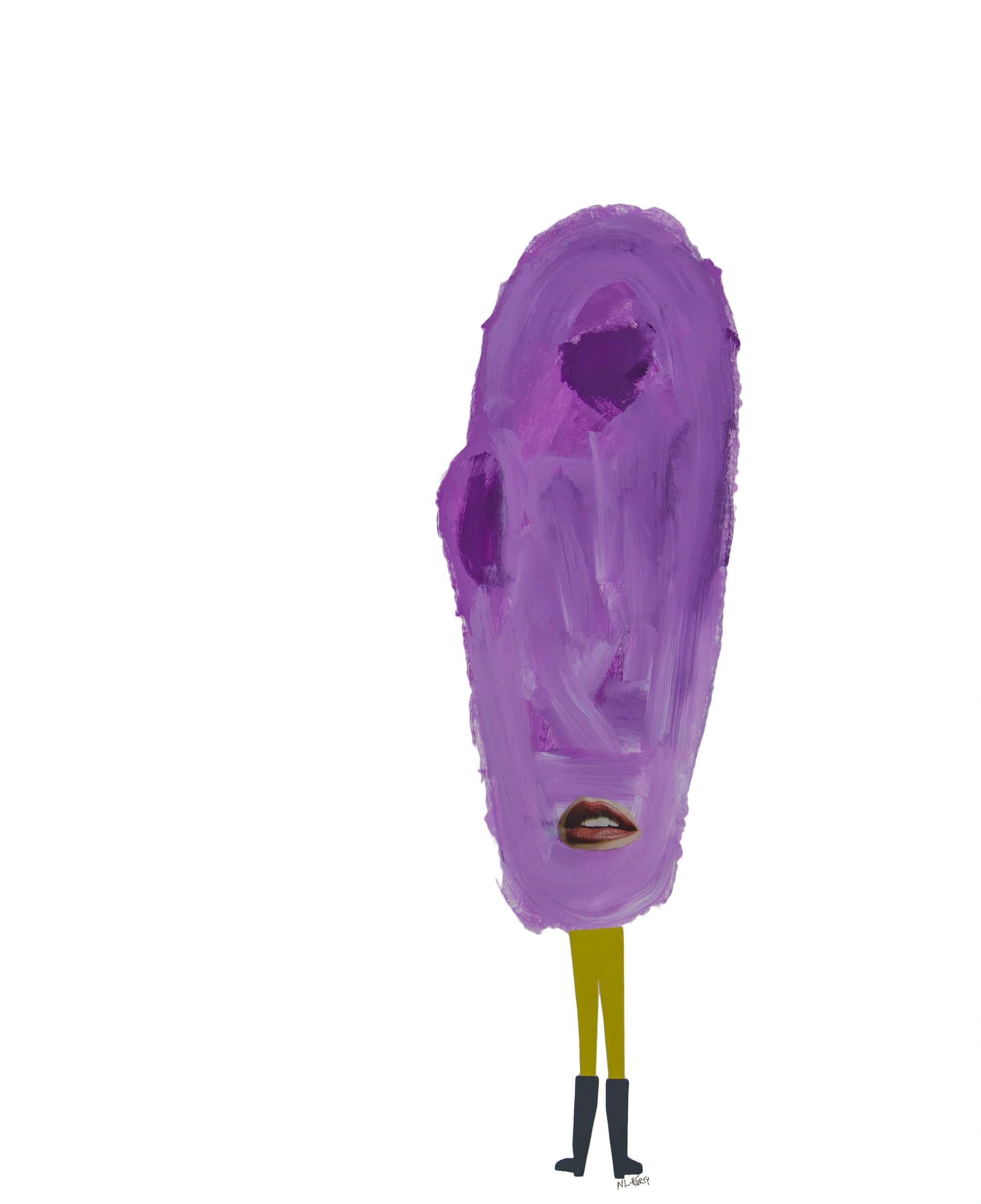 mixed media painted purple potato with collage legs and mouth