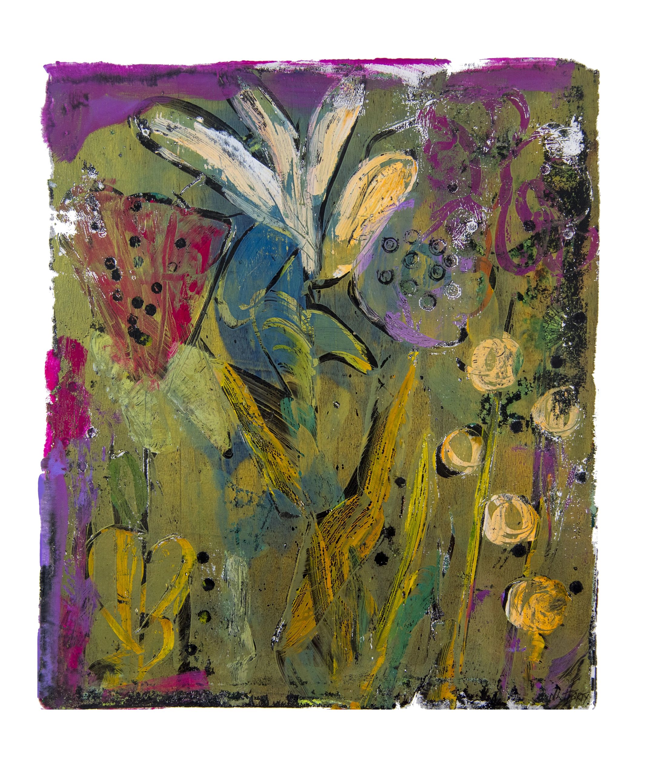 Abstract floral monotype with magenta, purple, yellow and gold with some black accents