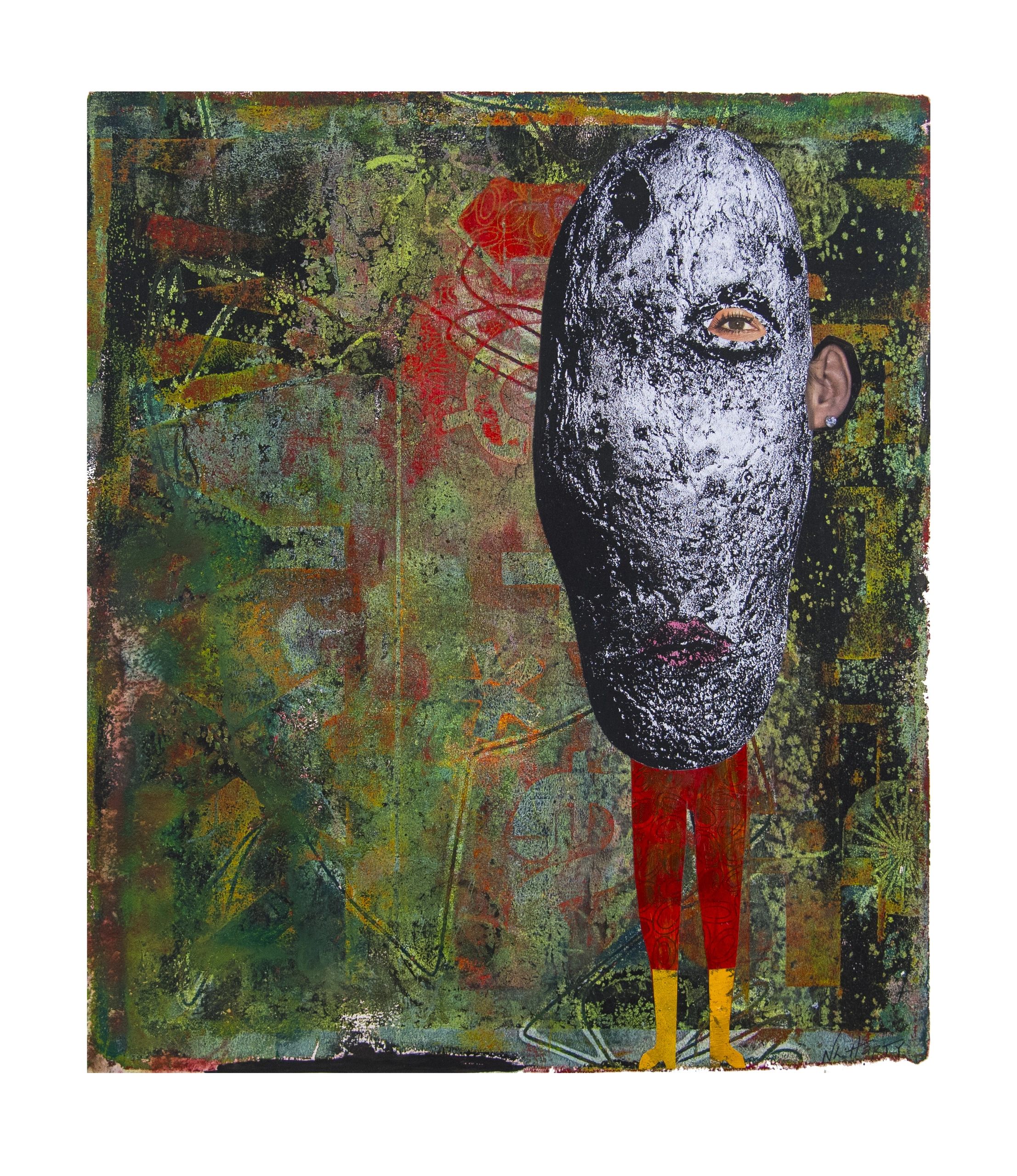 mixed media multi colored monotype with a black/white potato with collage of eye, ear and legs