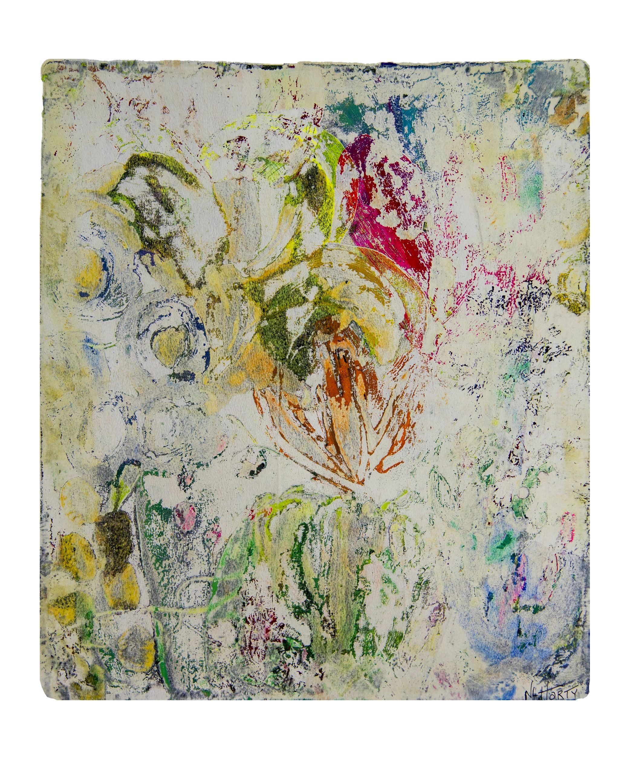 abstract floral monotype with bits of bright colors and a creamy colored background
