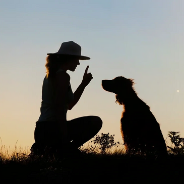 Woman training dog in the sunset