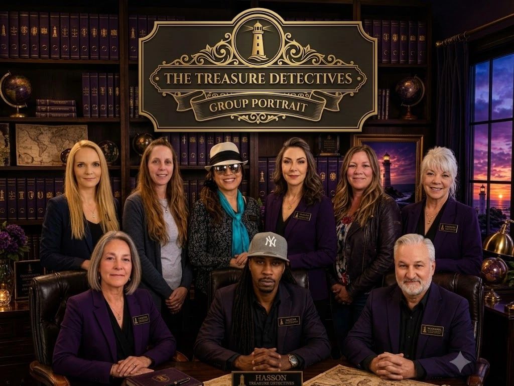 Group portrait of The Treasure Detectives team in a library setting.