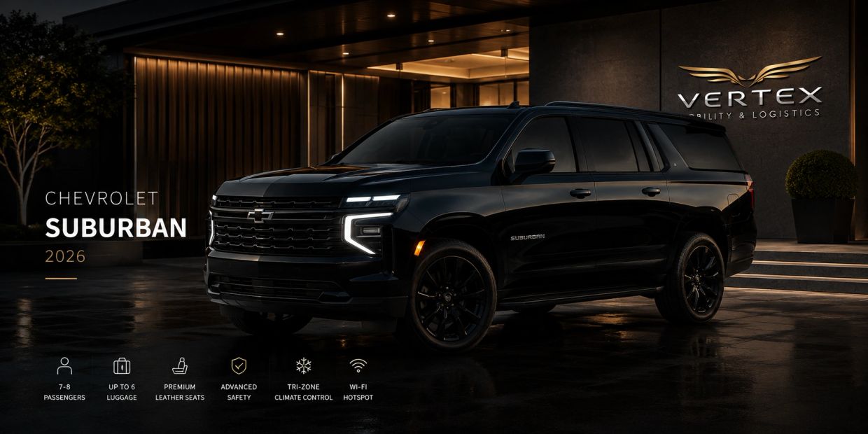 2026 Chevrolet Suburban in black with advanced features, parked in front of a modern building at night.