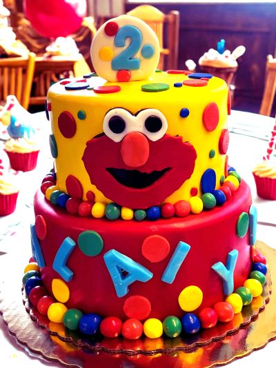 Two-tier Elmo birthday cake with a yellow top tier showing Elmo's face and multicolor polka dots, a 