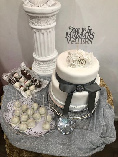 Elegant engagement cake with cake pops and strawberries by Imagicakes Philadelphia.