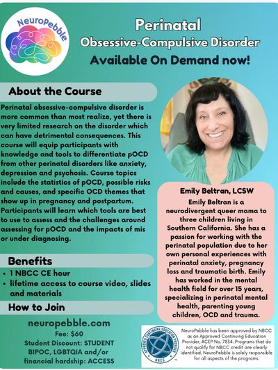 A blue green flyer describing the perinatal obsessive-compulsive disorder on demand course hosted by
