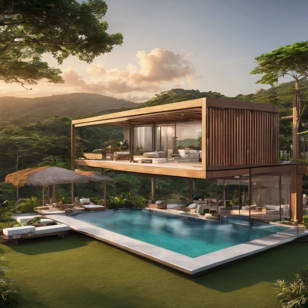 Render de construcción de casa con piscina en terreno en Costa Rica