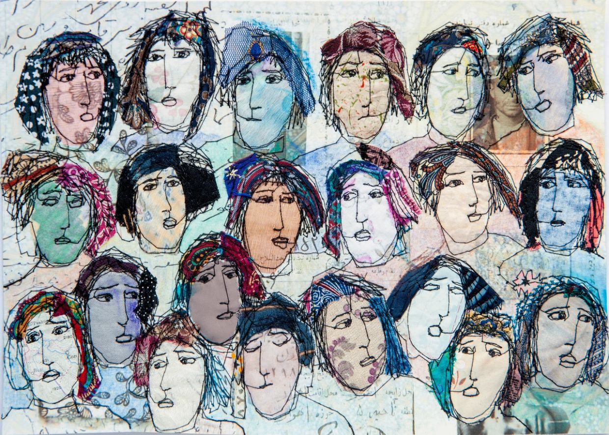 Abstract collage of expressive faces with vibrant colors and mixed media.
