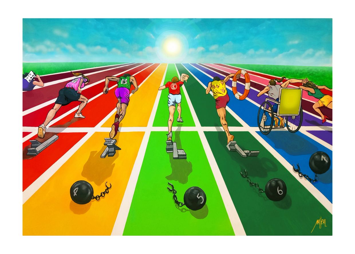 Runners overcoming personal challenges on a rainbow track.