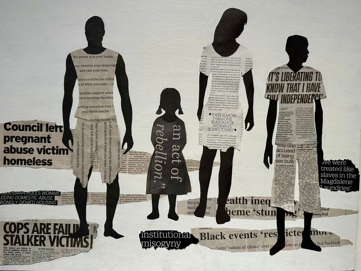 Silhouettes with newsprint highlighting social issues and rebellion.