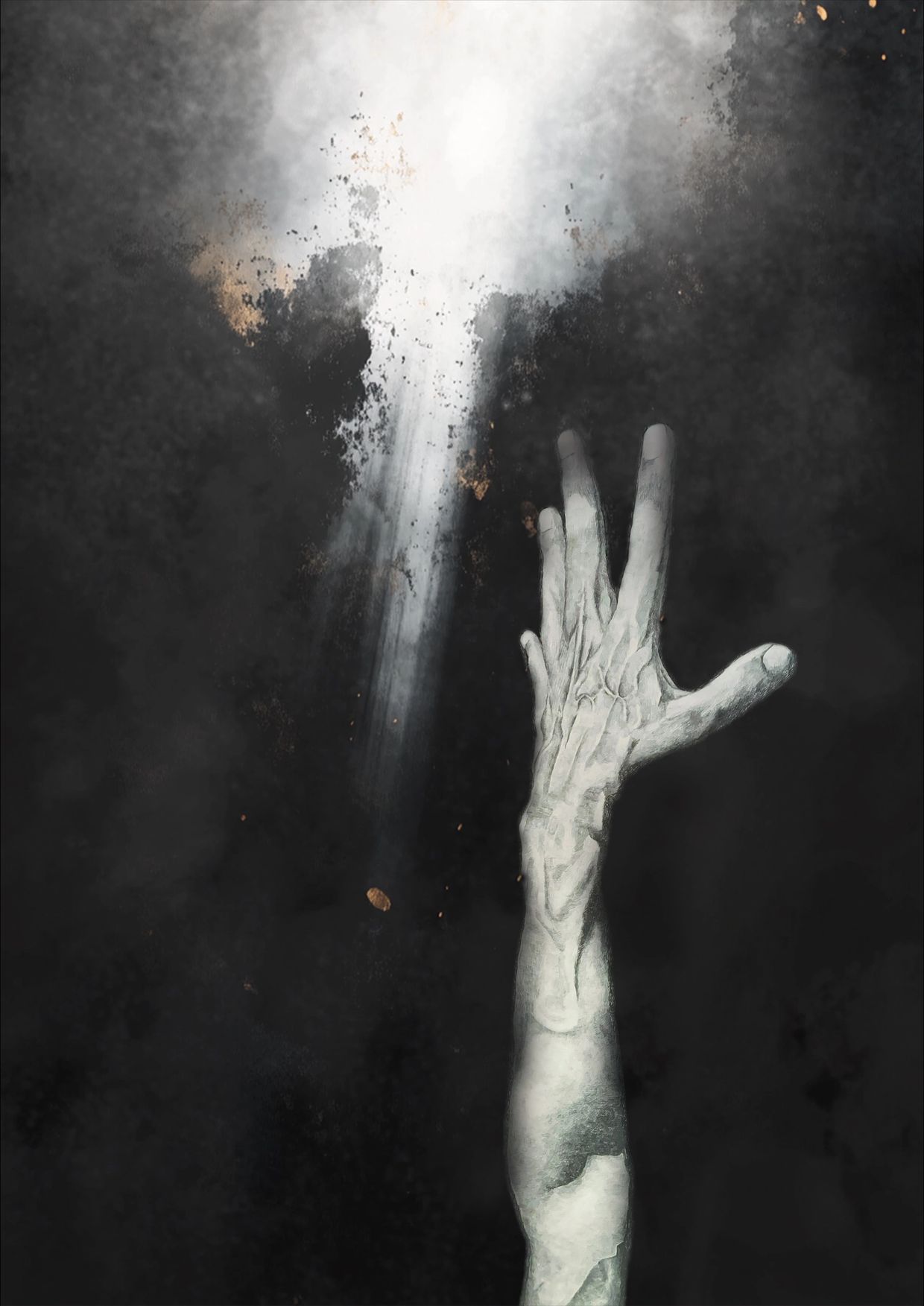 A skeletal hand reaching towards a bright light.