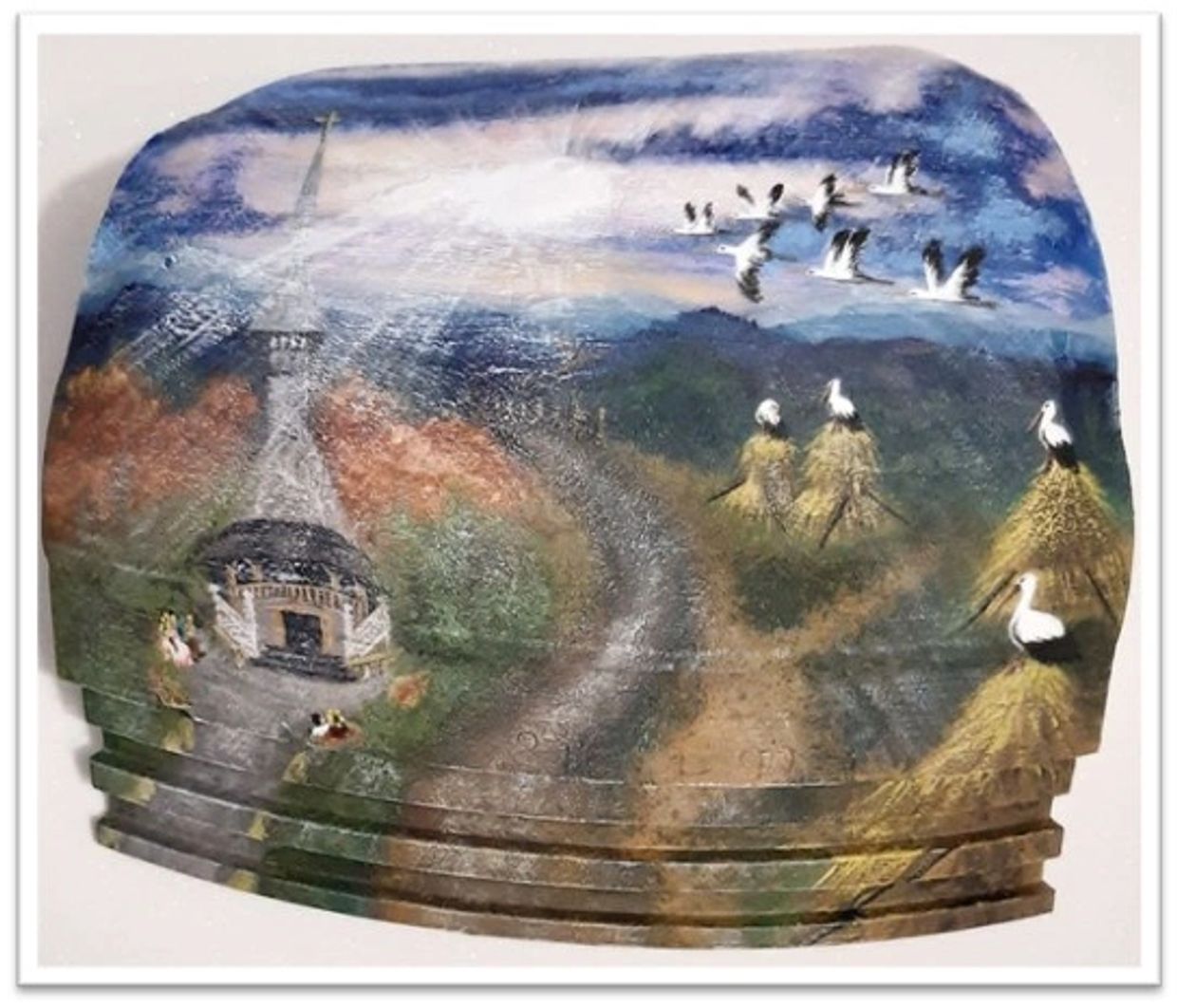 Landscape painting on a textured surface with birds and a tower.