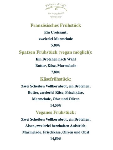 Menu displaying various breakfast options with prices in euros.