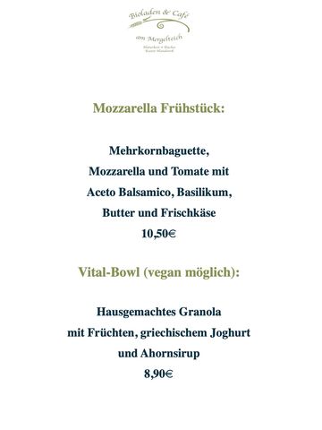 Menu featuring Mozzarella breakfast and a vegan-friendly Vital-Bowl with granola and fruits.